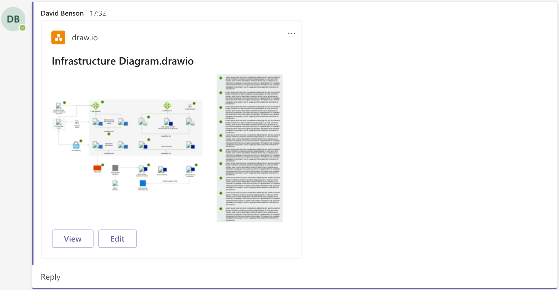 draw.io in Teams: A diagram added to chat will display the first diagram page as a thumbnail