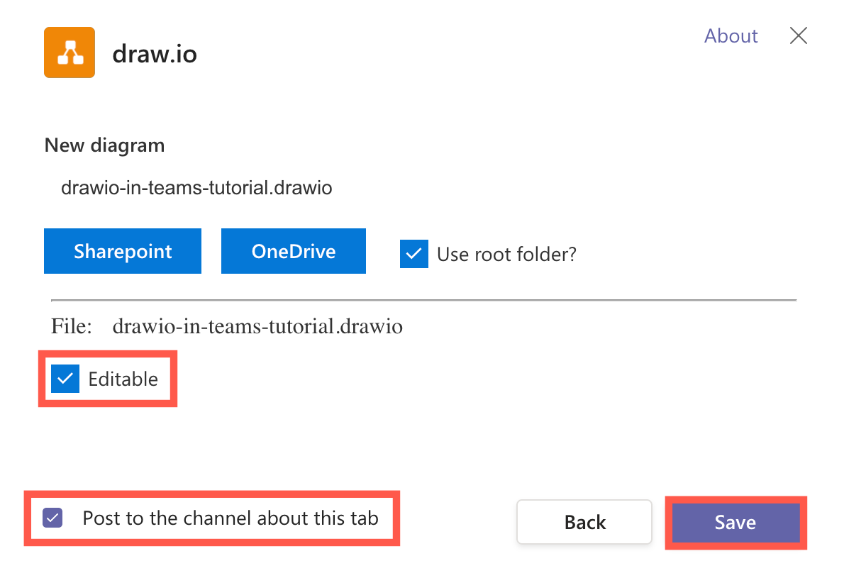 draw.io in Teams: Choose whether you want the new diagram to be editable by others and whether it should be announced to the team, then click Save