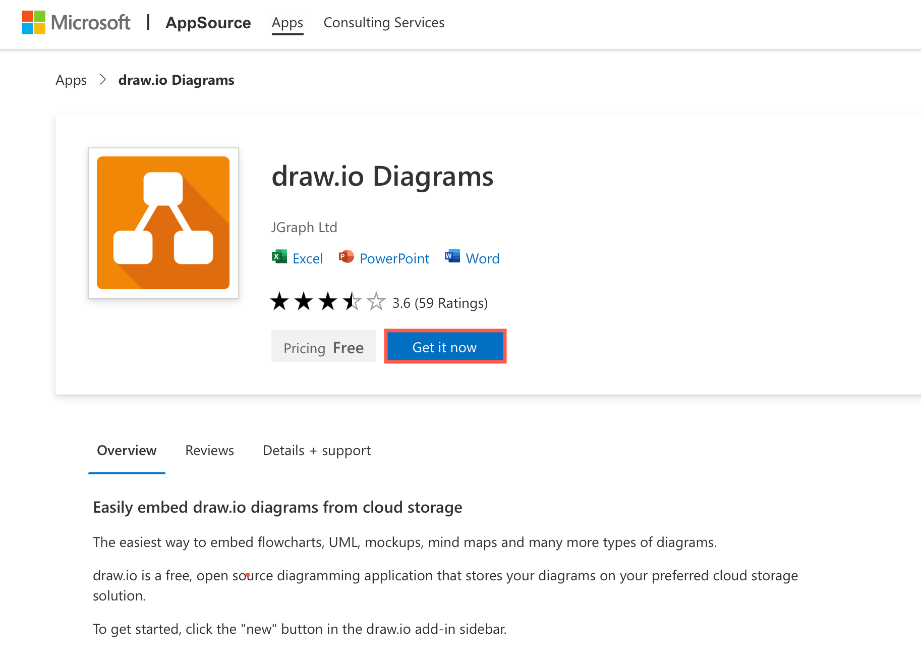 Install the draw.io diagrams add-in via Microsoft and AppSource