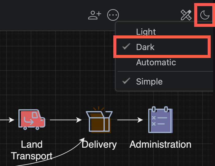 Click on the sun/moon in the diagrams.net modern mode toolbar and select Dark to switch the editor to dark mode