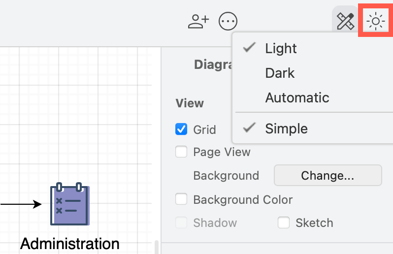 Click on the sun/moon in the top right and enable or disable the simple whiteboard editor or the dark/light editor theme.
