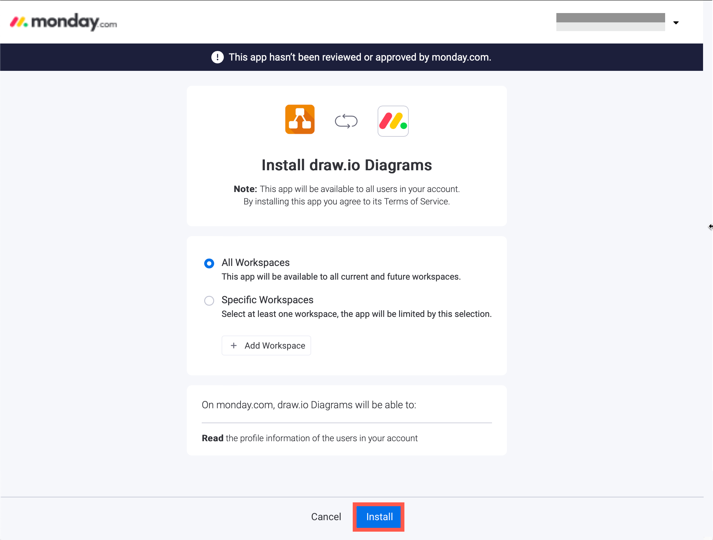 Install the draw.io integration for Monday in all Workspaces