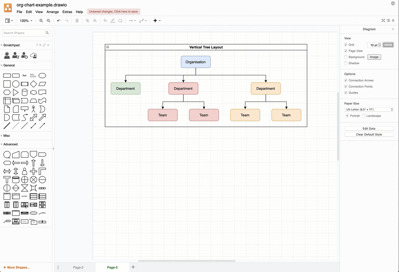 You can embed tree layout shapes inside each other to make complex, interactive org charts in diagrams.net