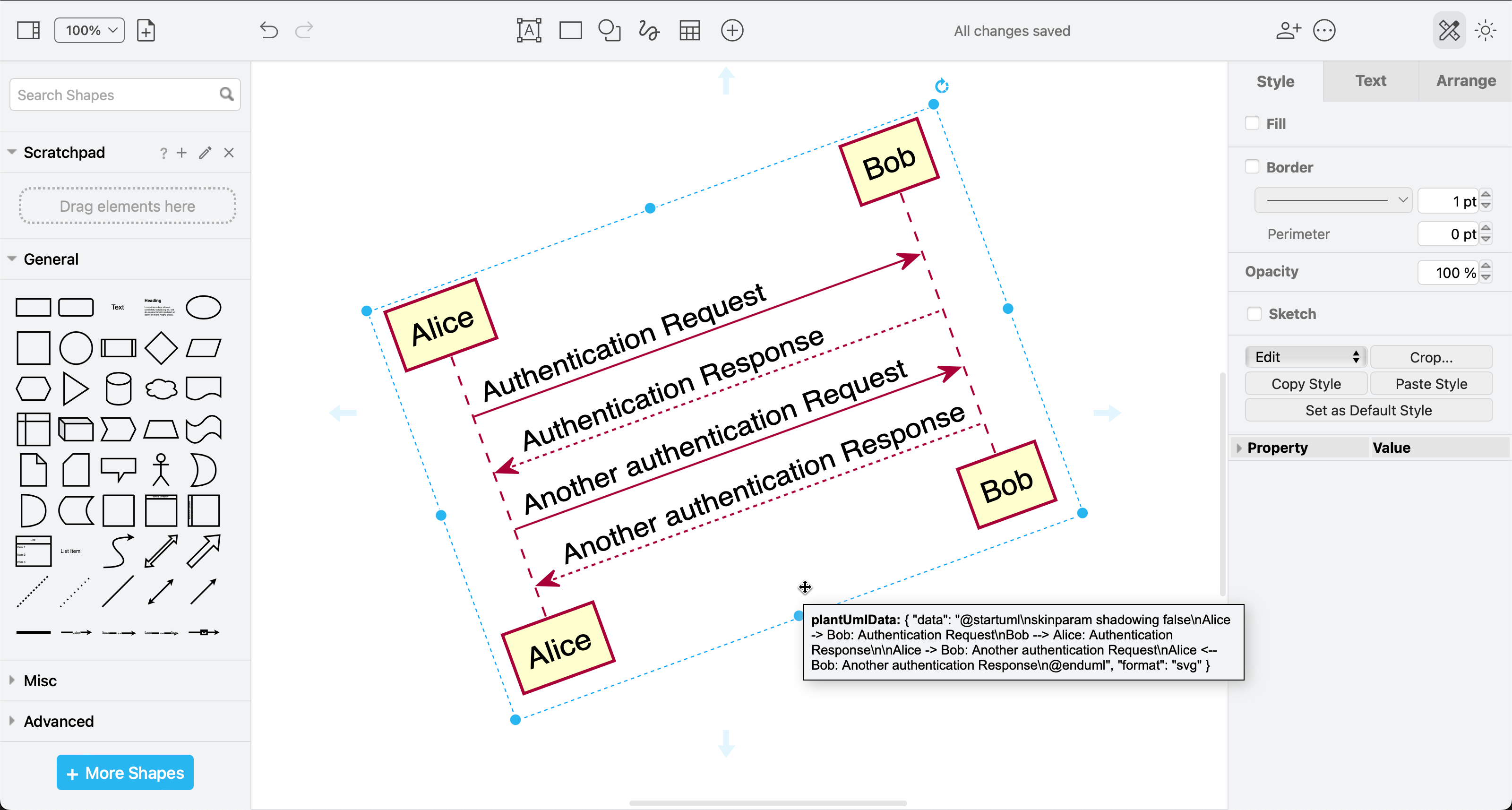 Hover over a PlantUML diagram on the drawing canvas in diagrams.net or draw.io to see the PlantUML text in a tooltip
