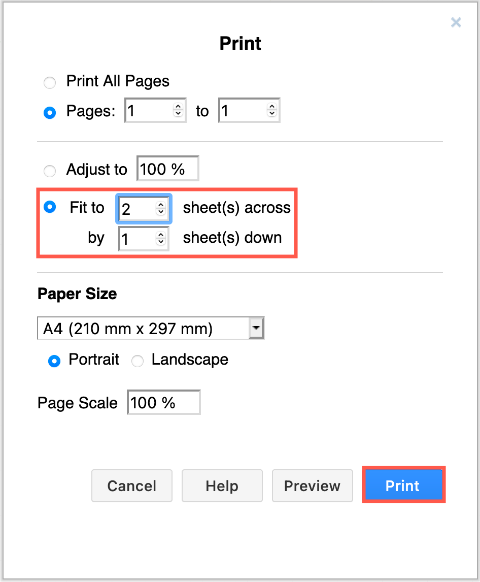Select Fit to, and enter the number of pages you want to stretch your diagram across