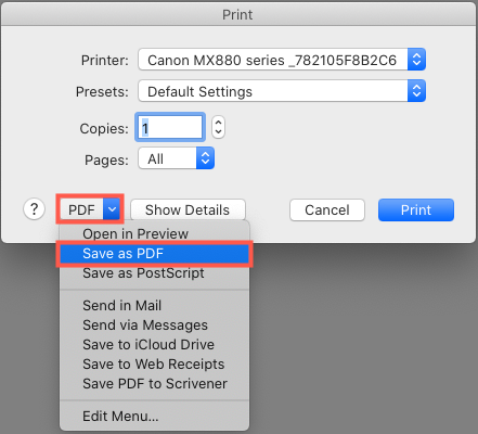 Click the PDF dropdown and select save as PDF to print your diagram to a PDF file on macOS