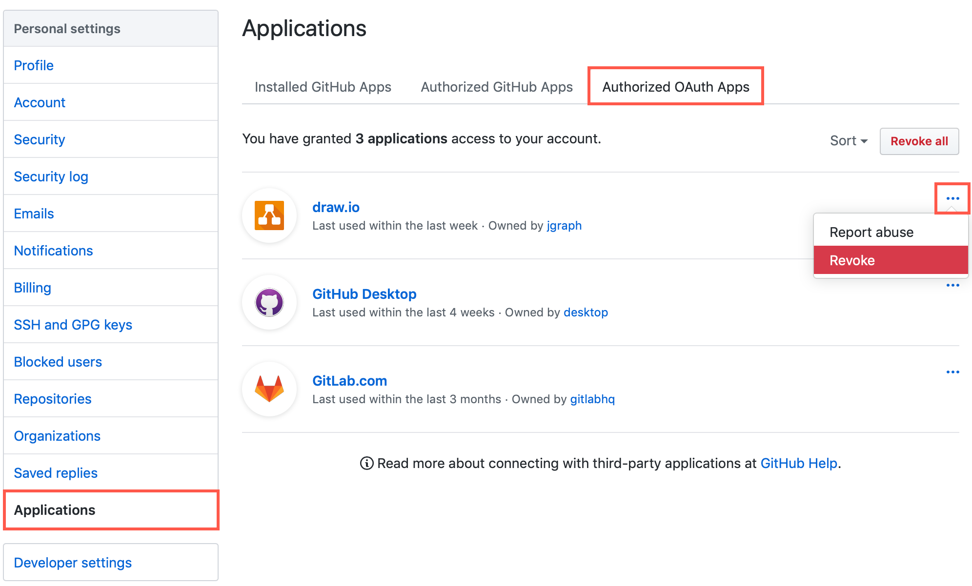 Revoke access to your account and repositories from within your GitHub user settings