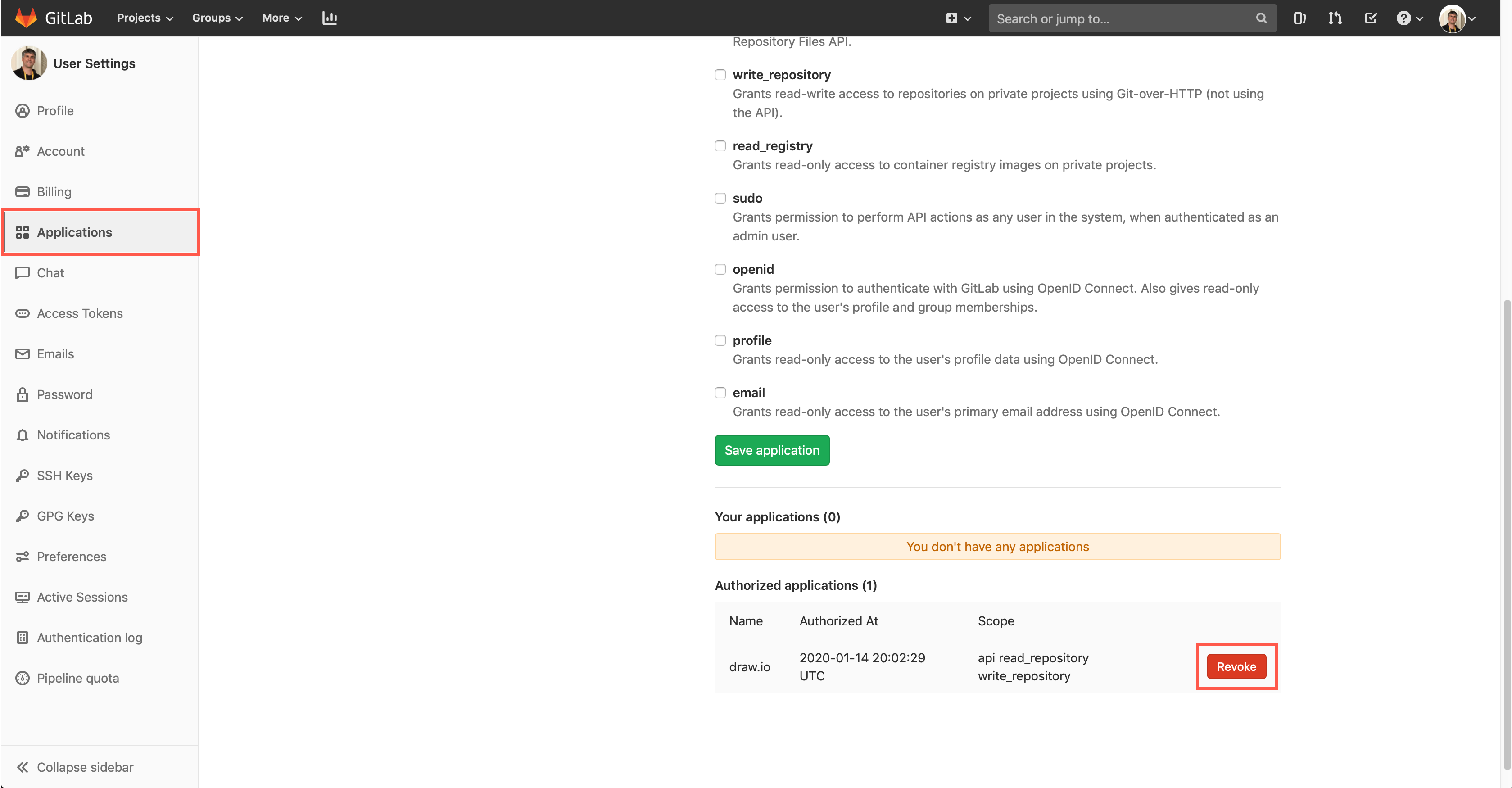 Revoke access to your account and repositories from within your GitLab user settings