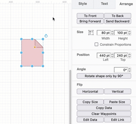 Rotate a shape using the rotate grab handle, or via the options in the Arrange tab on the format panel