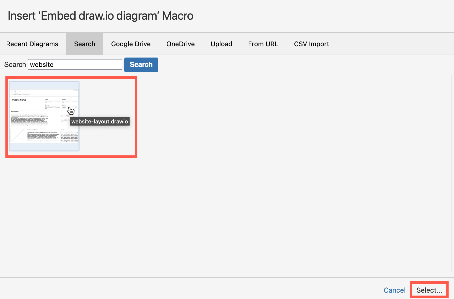 Search for and select the diagram you want to embed in a Confluence Cloud page