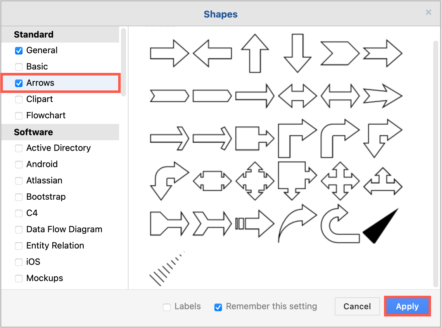 Enable the arrows shape library in diagrams.net