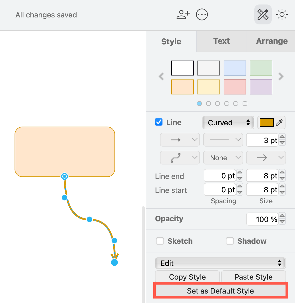Style a shape and a connector when you start you diagram, set it as the default in the Style tab of the format panel in draw.io