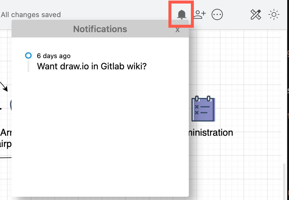 Click on the bell in the toolbar in draw.io in simple mode to see any notifications