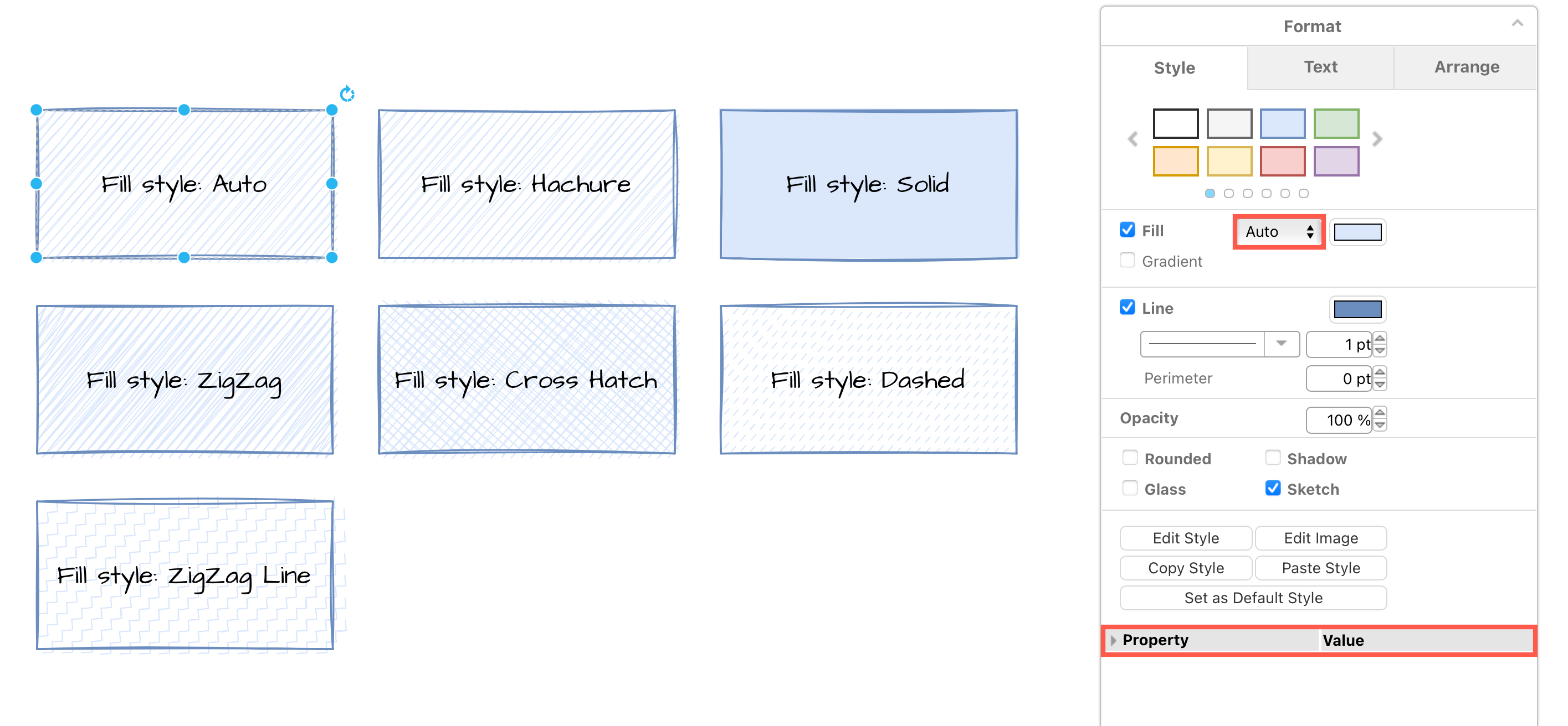Change the fill pattern when using the sketch rough style in diagrams.net