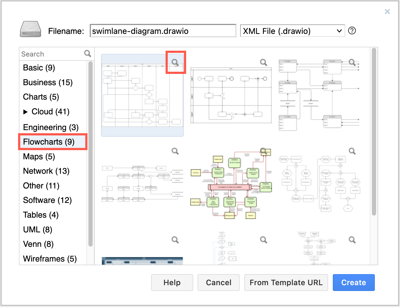 More complex flowcharts with swimlanes are found under the Flowchart category in the template library