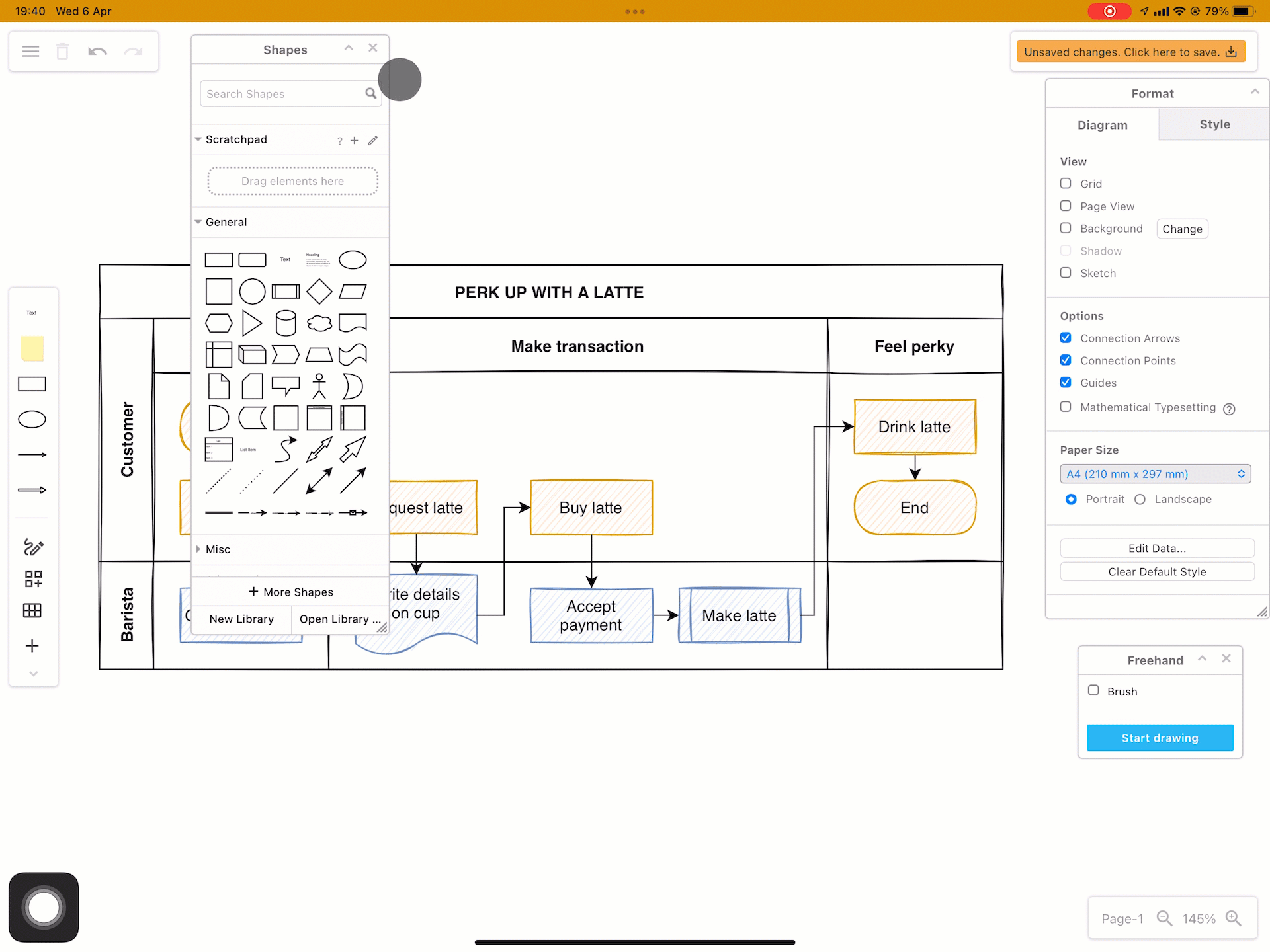 Move the floating panels around the drawing canvas and minimise them for more space when using diagrams.net on a tablet