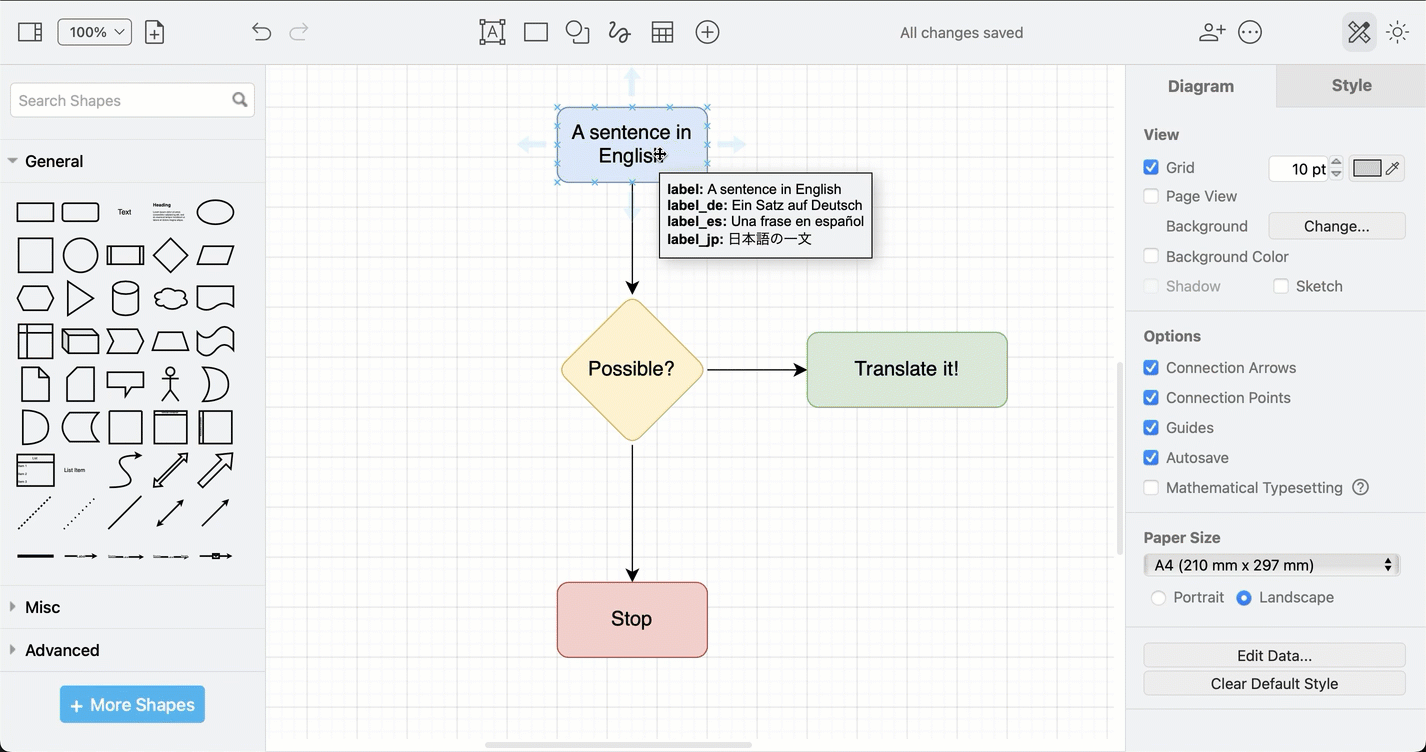 Select Extras > Diagram Language and enter a two-letter language code to switch the diagram to another language using the shape properties for that language