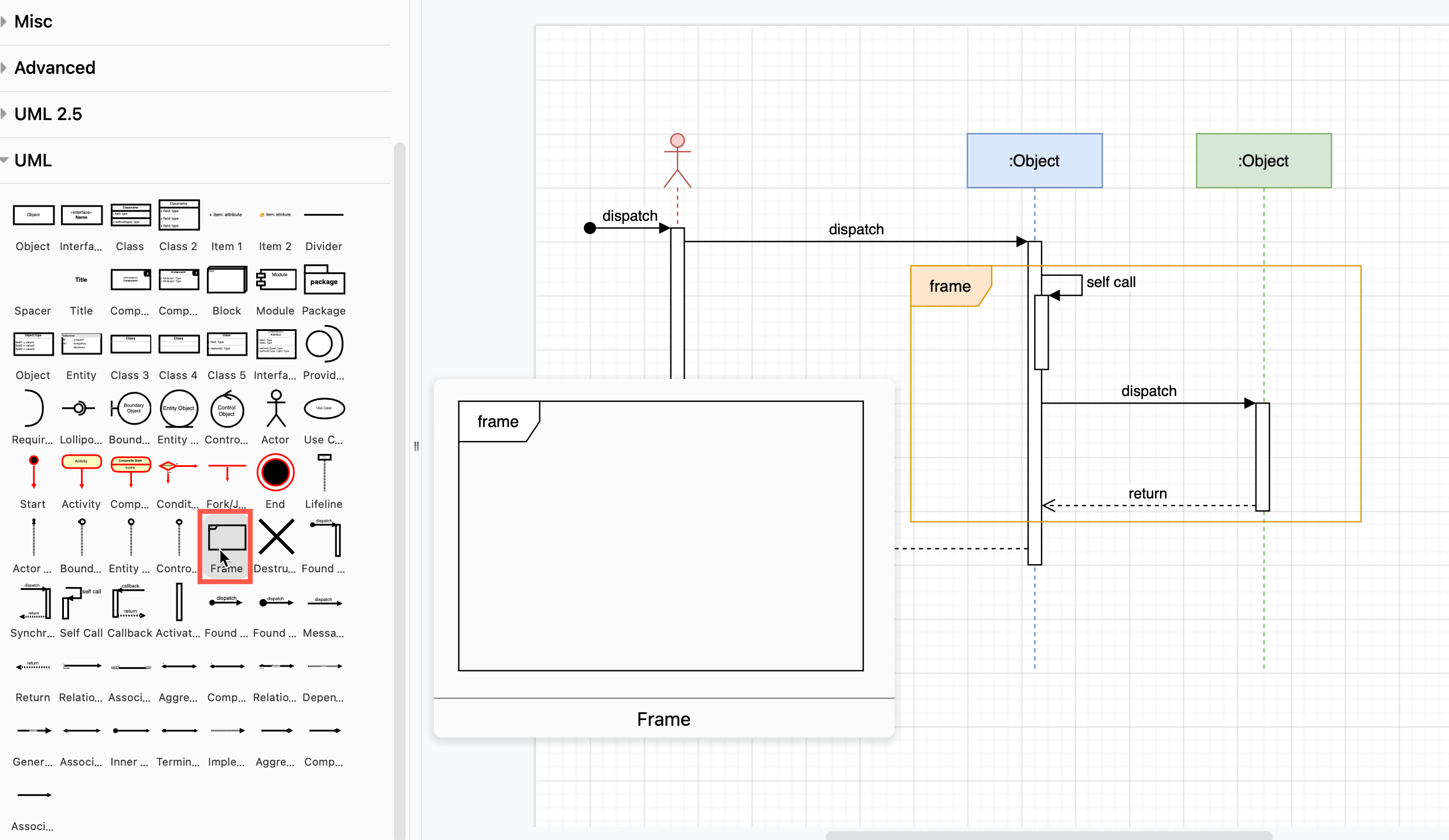 Use the Frame shape in the UML shape library to draw a sequence diagram in diagrams.net