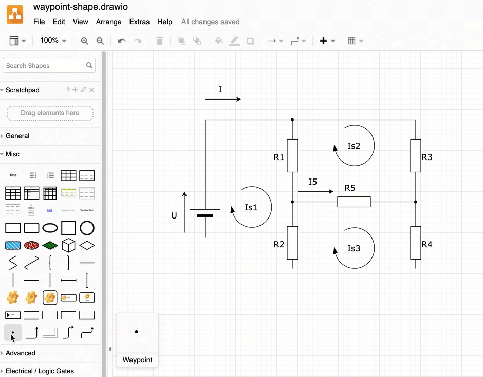 Use waypoint shapes in diagrams.net to show contact points in electrical circuit diagrams